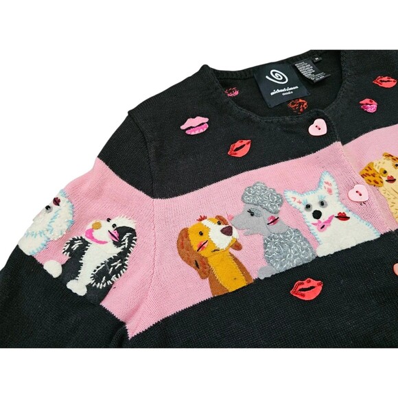 Michael Simon M Cardigan Dog Sweater Kiss Lips Embroidered Beaded Black Pink - Picture 7 of 16
